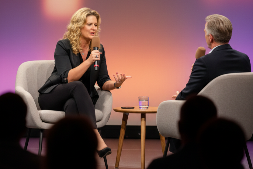 Interviews moderieren – Natascha Enders Natascha Enders im Gespräch auf einer Bühne – Interview-Moderation