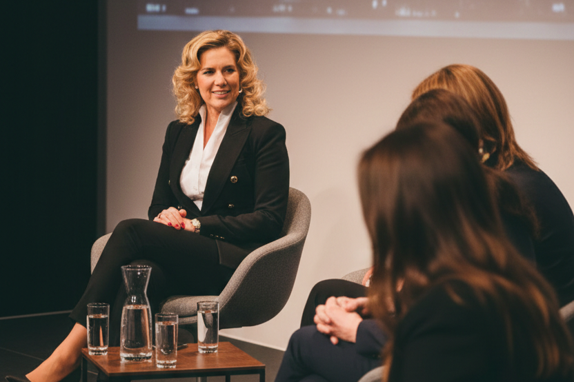 Podiumsdiskussionen moderieren – Natascha Enders Natascha Enders moderiert eine Podiumsdiskussion auf einer Bühne mit mehreren Gästen